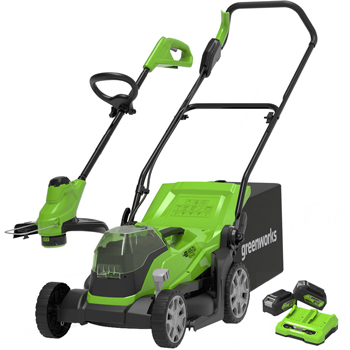 Greenworks 48V 36cm  GD24X2LM36LT25K4X Lawnmower with 2 x 24V Batteries and  Charger FREE Trimmer